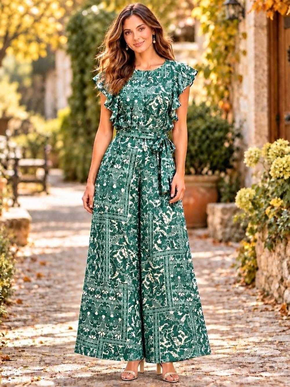 Very J Romantic Boho Jumpsuit Dress L Resortwear Vacation Cottagecore Feminine